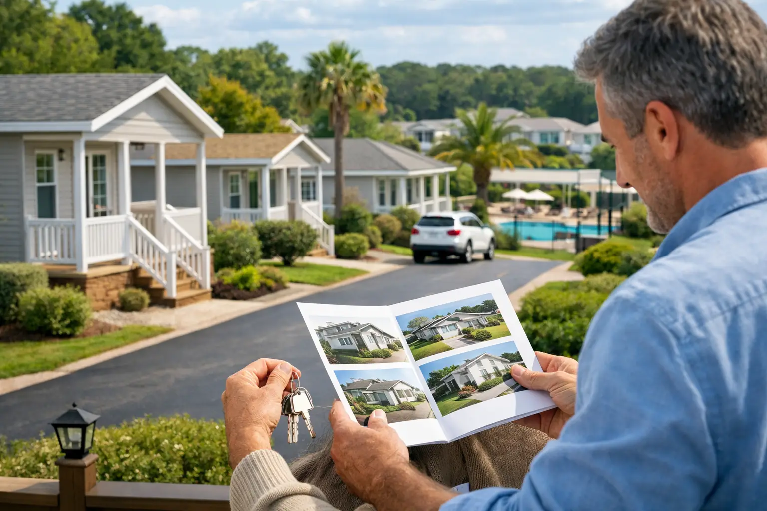 Texas, community, streetscape, neighborhood playground and pool, new manufactured home exteriors