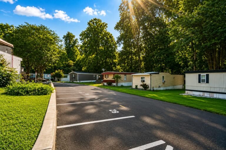 Quiet residential street lined with lush green trees, sidewalks, and modest homes beneath a blue sky.