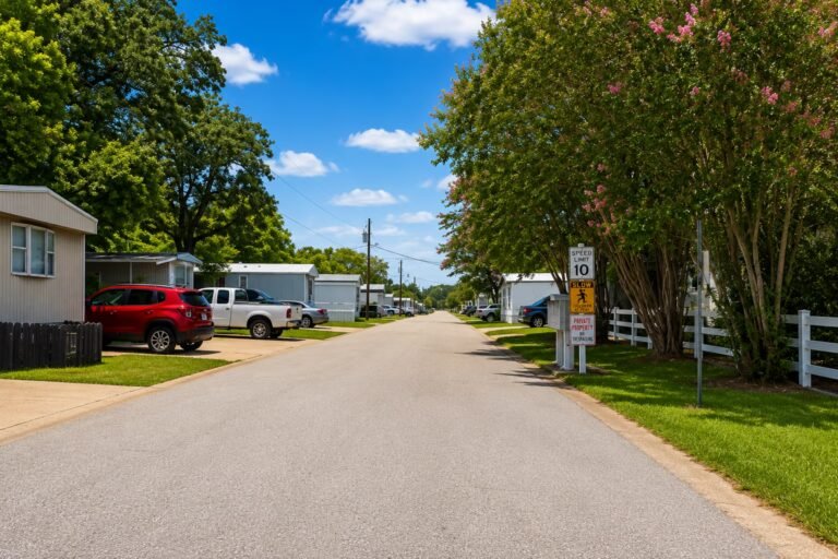 Suburban street lined with homes and driveways beneath a bright blue sky.