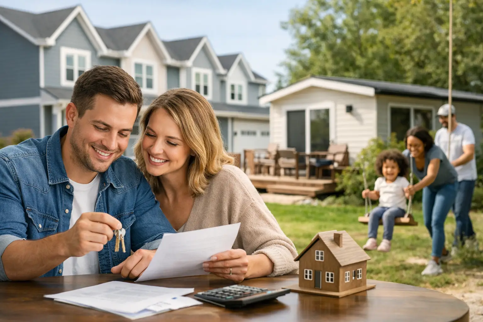 Couple reviews mortgage papers beside a model house as another family stands by a new mobile home.