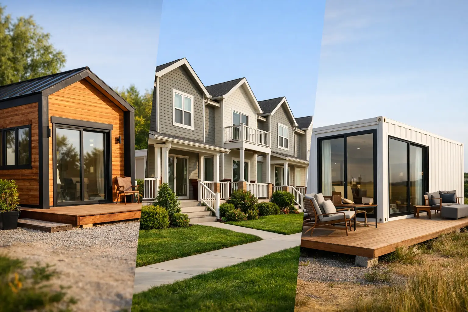 Split view of a wooden tiny home, suburban townhouses, and a white container home with a deck.