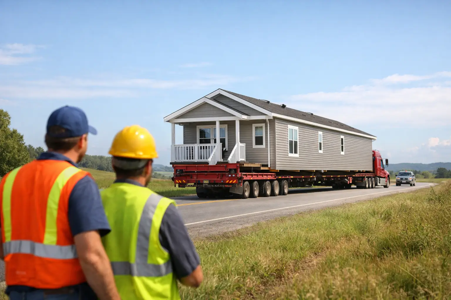 Two construction workers in safety vests watch a truck hauling a prefab modular home along a country road.