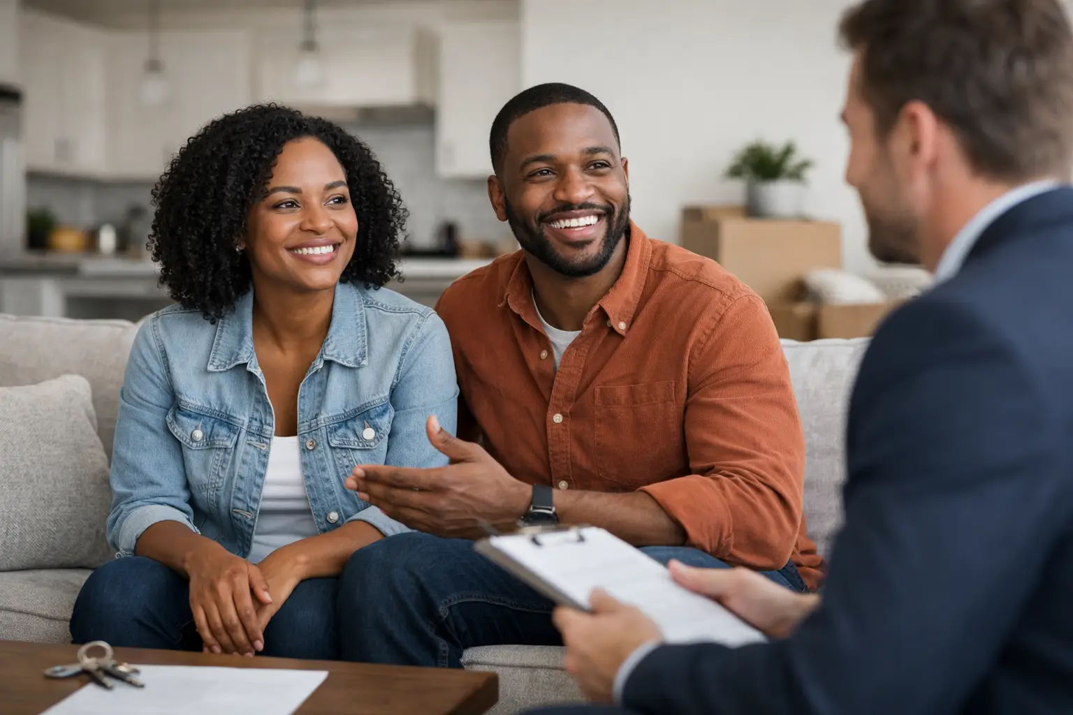Smiling couple talking with an agent holding a clipboard, moving boxes and keys on table nearby.
