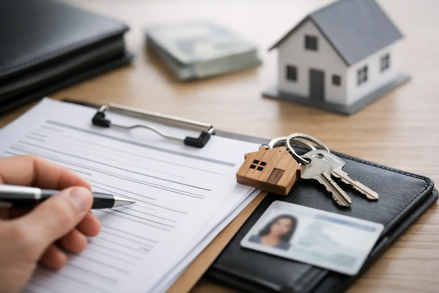 Hand signing a document beside keys with house keychain, model house, cash, and ID card