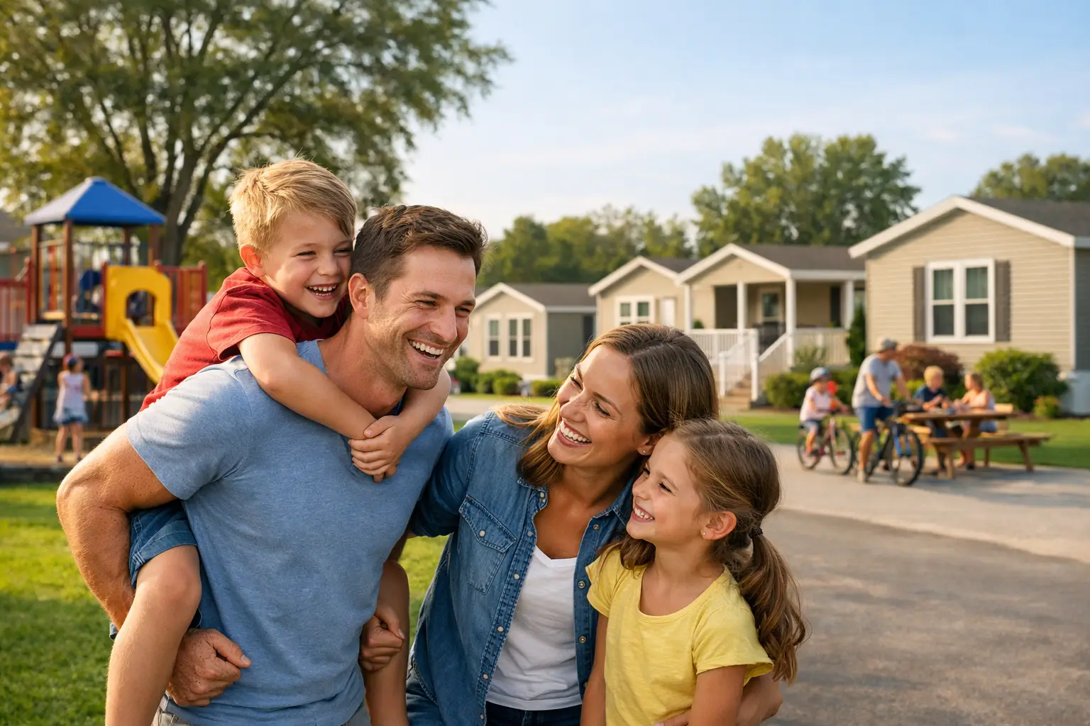 Happy family outdoors—man giving piggyback ride to boy beside woman and girl near houses and playground.