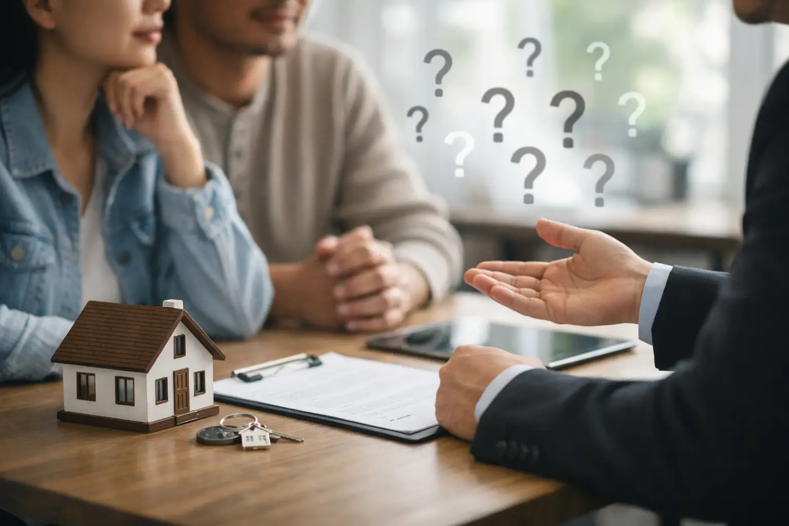 Confused couple reviewing paperwork and house model while consultant explains; questions above their heads.