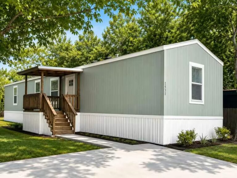 Single-wide mobile home in sage green and cream with a covered wooden front porch and steps.