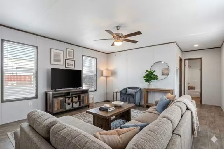 Spacious living room with large sectional sofa, flat-screen TV, ceiling fan, coffee table, and wood flooring.