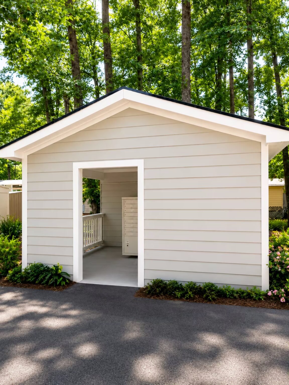 White storage shed with open double doors nestled among lush green trees on a paved driveway.