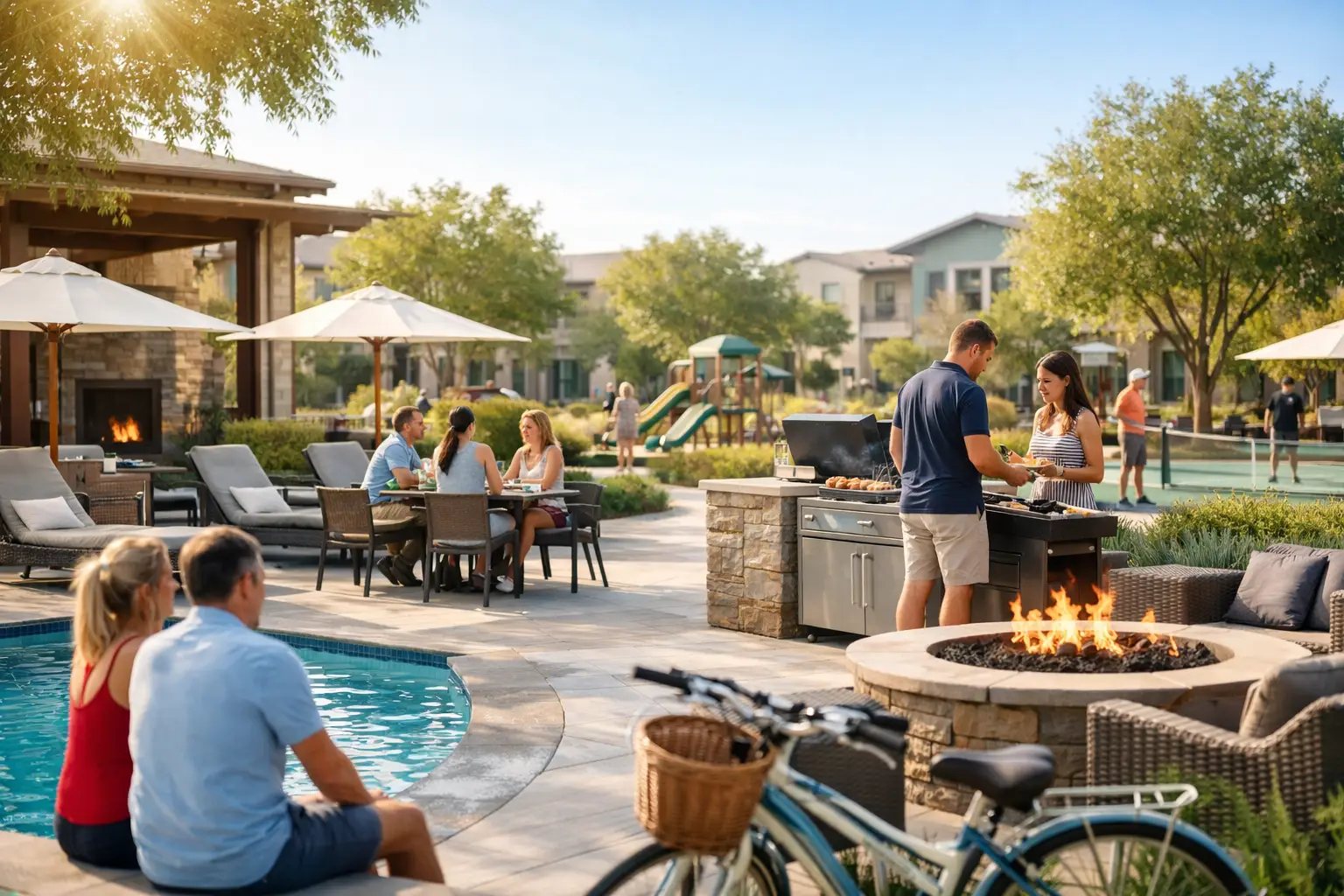 Guests relax beside a resort pool lined with lounge chairs and white umbrellas near a lit fire pit at dusk.