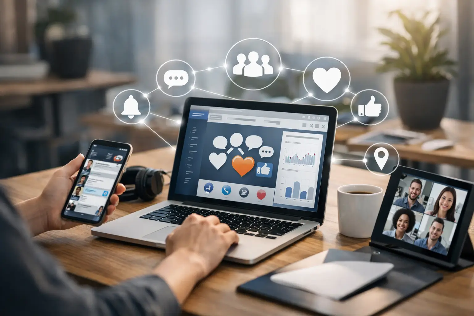 Person working at a desk with a smartphone and laptop displaying engagement notifications like likes, hearts, comments