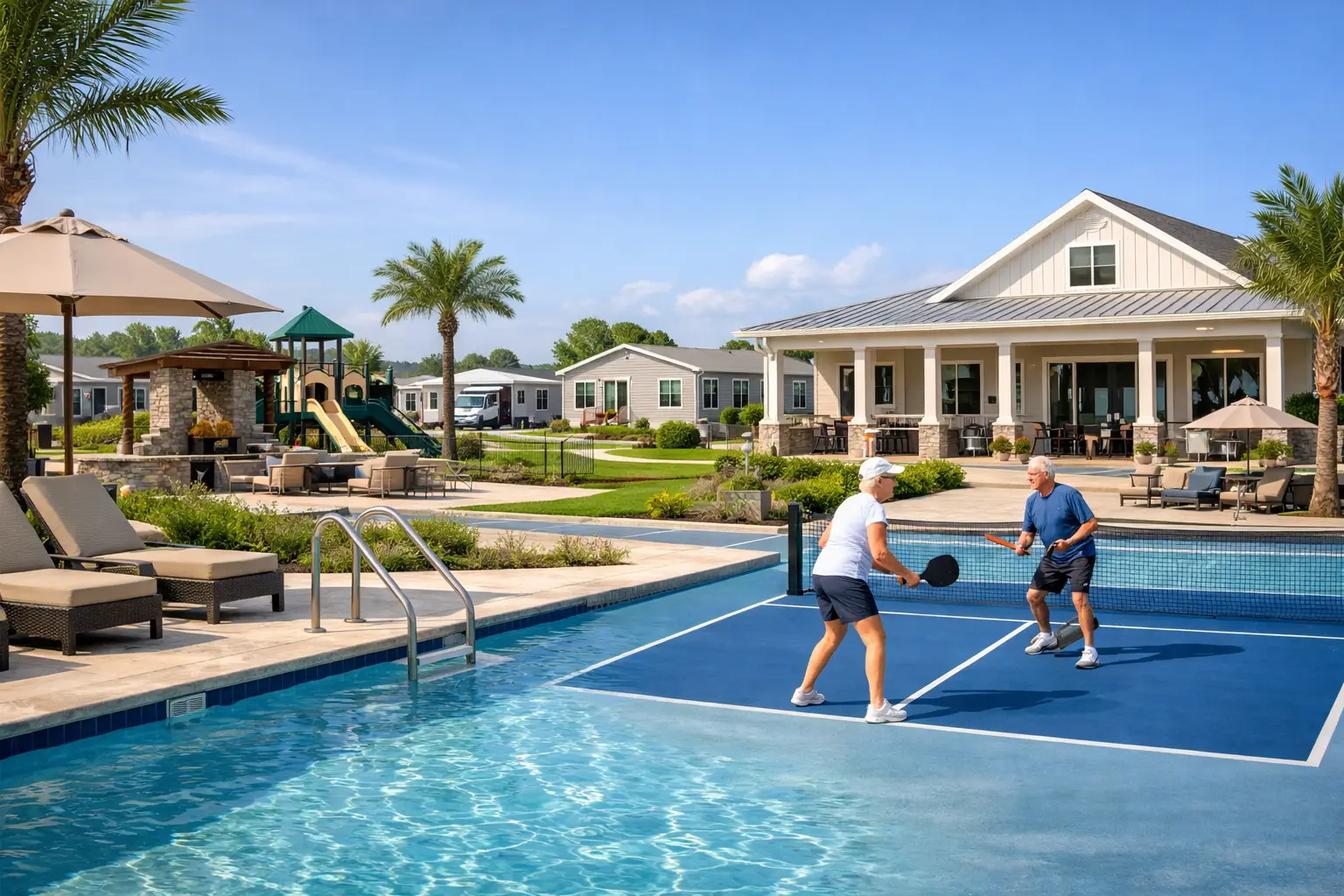 Two people playing on an outdoor volleyball net in a large swimming pool near a white beachside home.