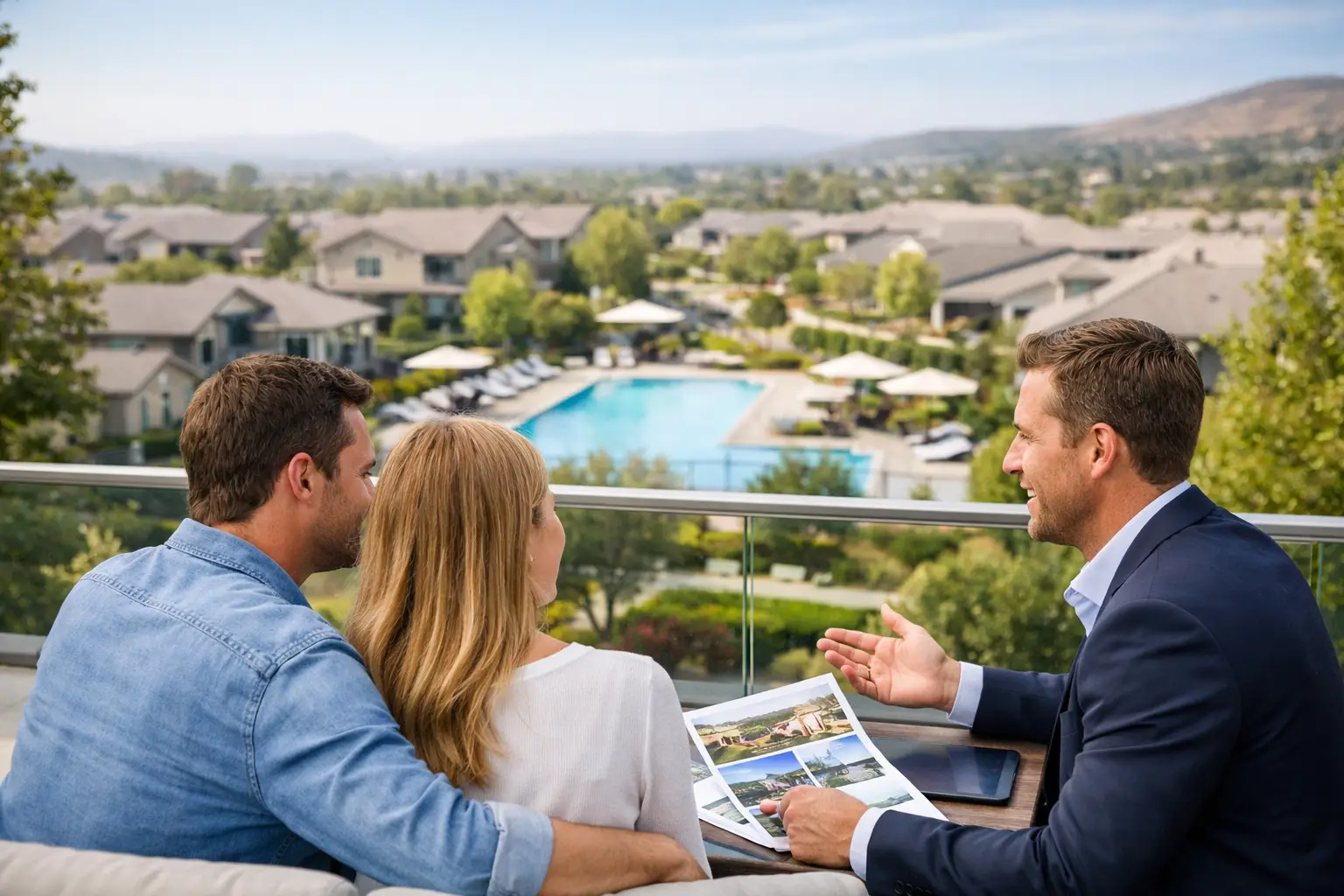 Couple reviewing documents outdoors with a realtor overlooking resort-style pool and desert homes below.