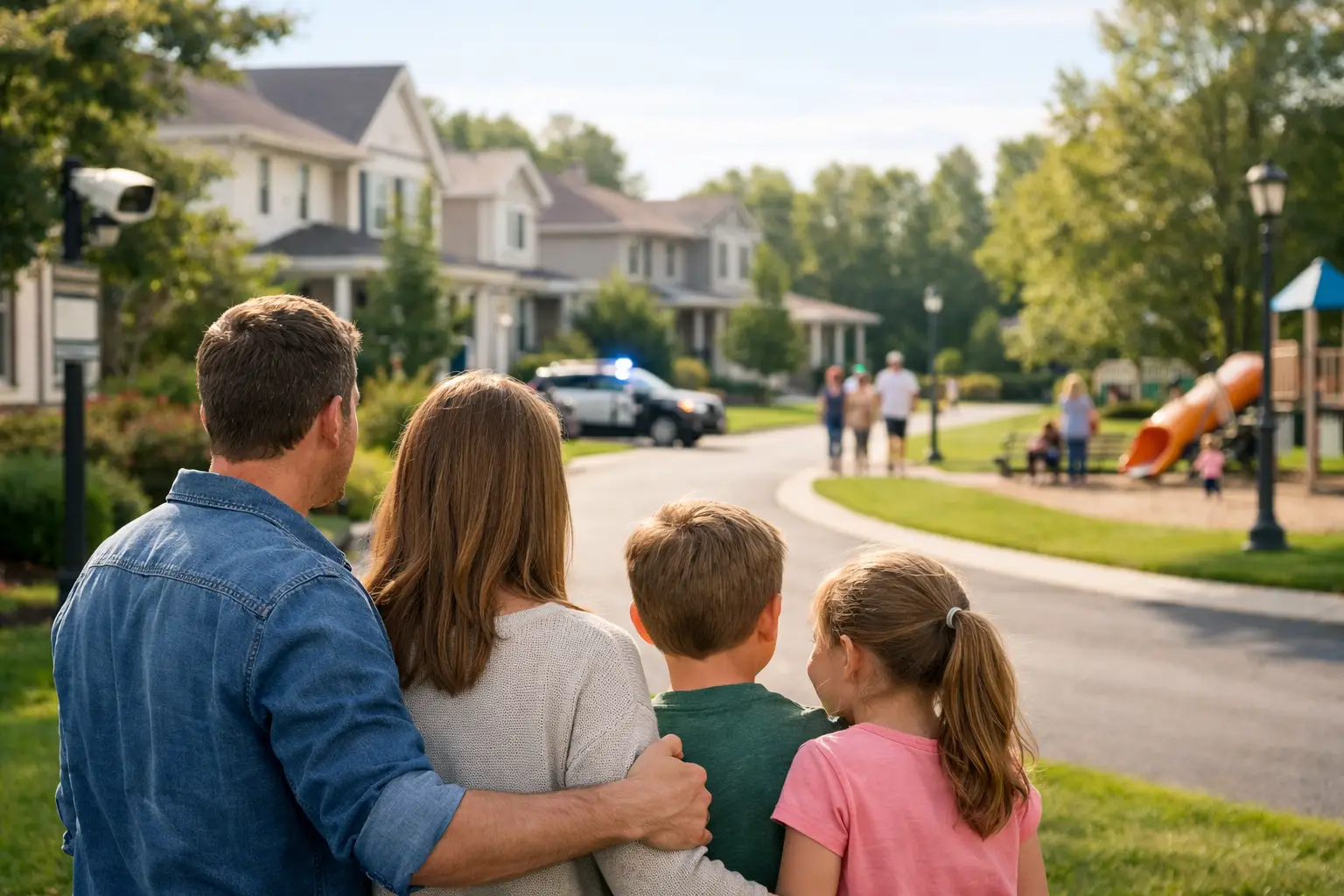 A father and his three young children stand together viewing their quiet suburban neighborhood street.