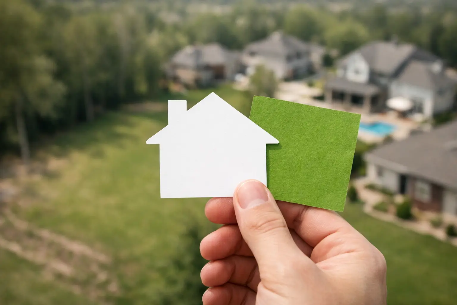 A hand holds a white paper house cutout in front of a blurred suburban neighborhood with homes.