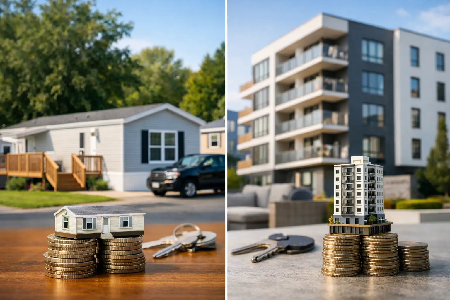 Mobile home next to modern apartment buildings, with stacked coins and small house icons symbolizing housing costs.