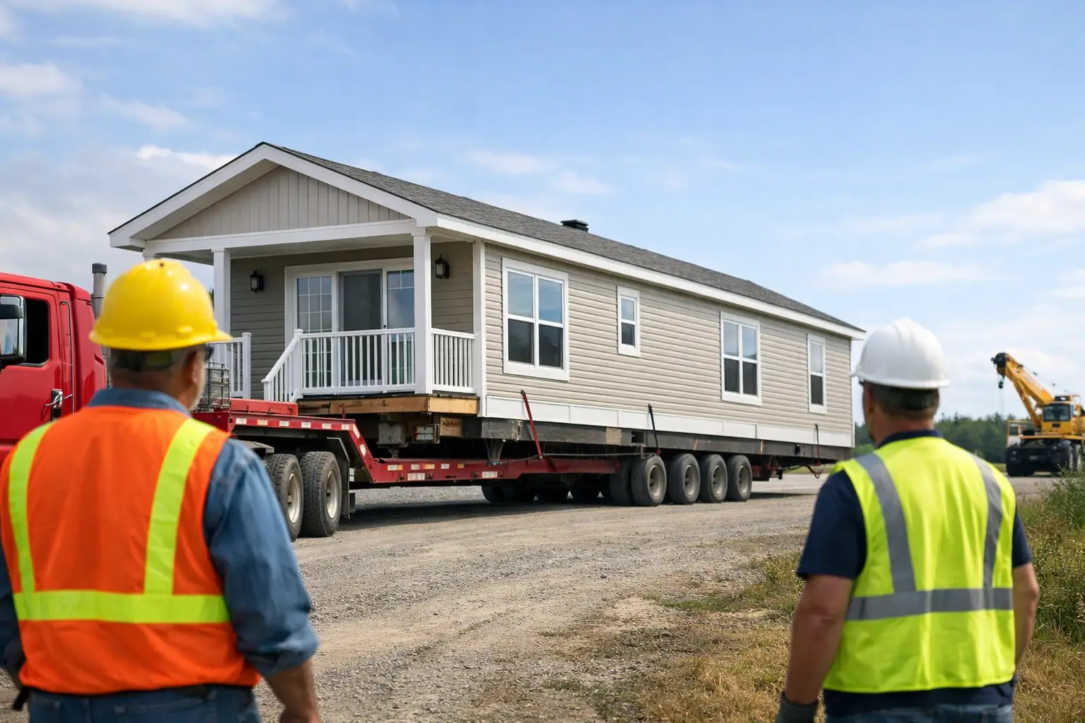 Construction workers watch as a truck transports a white manufactured home down the road.
