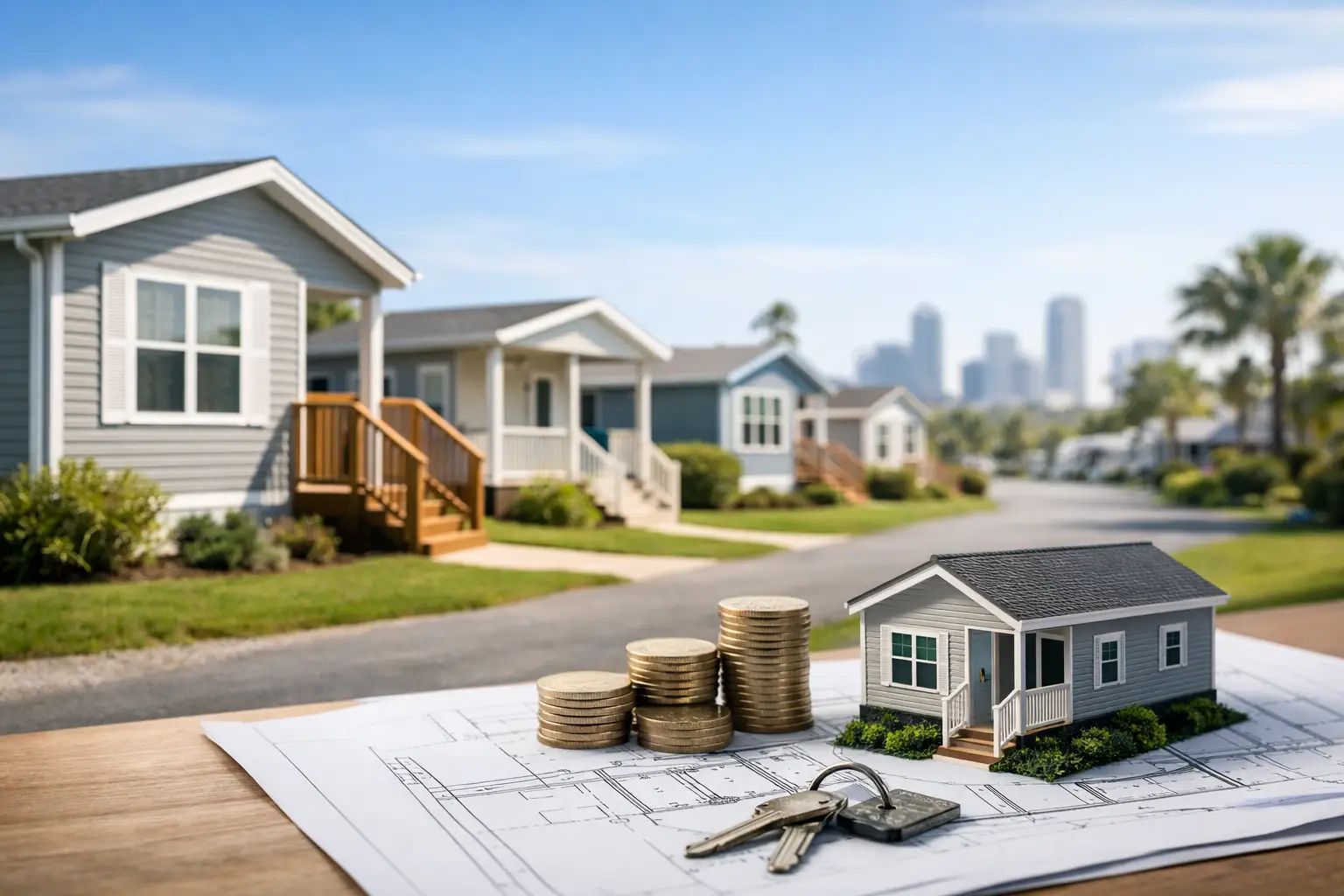 Miniature two-story suburban houses displayed atop architectural blueprints and floor plan drawings