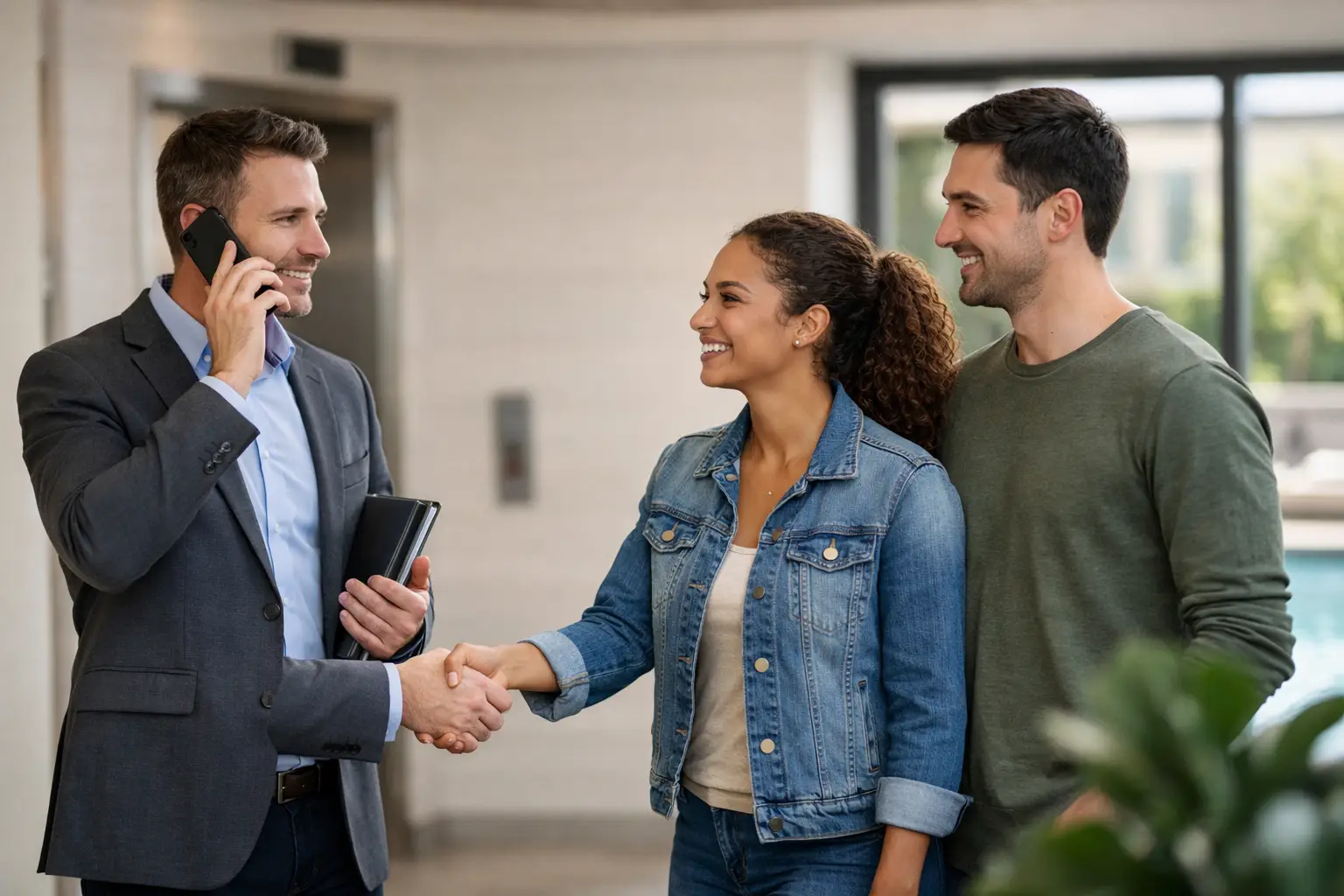 Realtor on phone shakes hands with smiling young couple inside bright modern home.