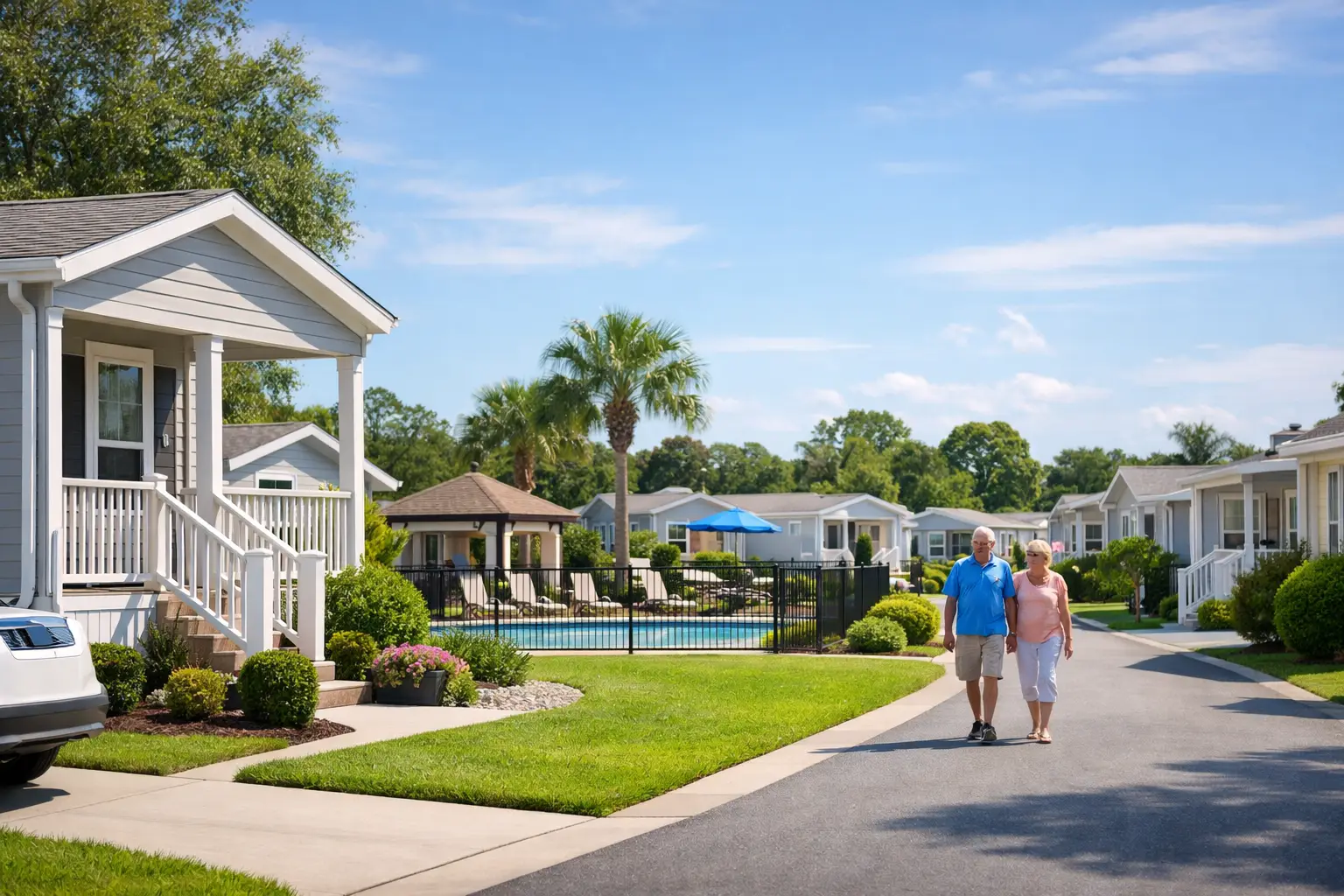 Couple strolls along sunny suburban street lined with white houses, parked cars, and palm trees.