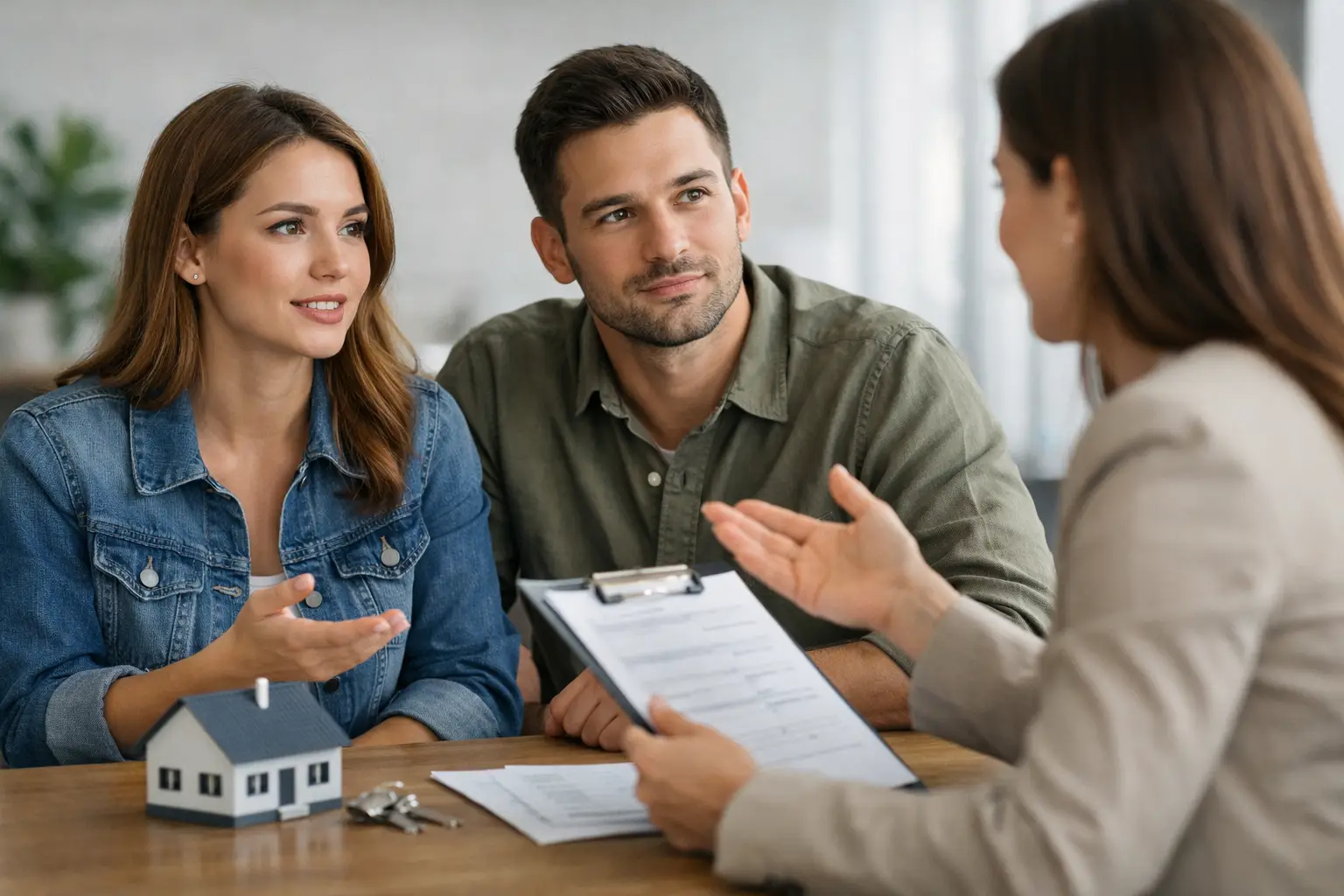 Couple discussing documents with a financial or real estate adviser at a desk with a small house model.