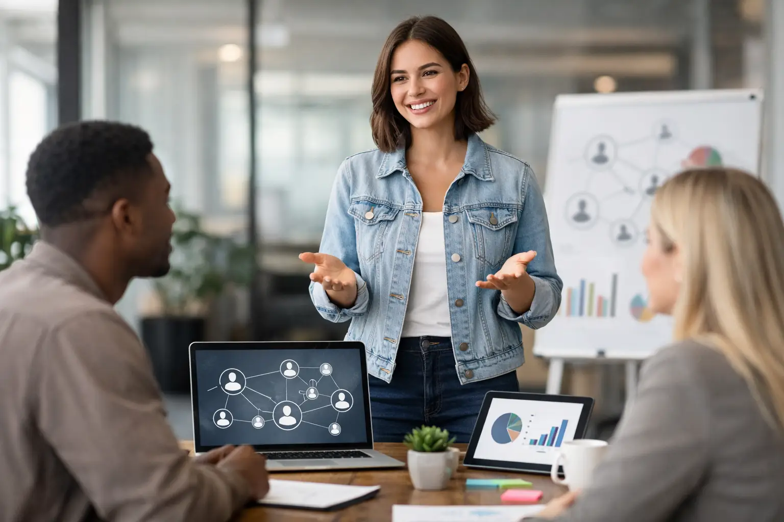 Smiling woman standing at head of conference table presenting to seated coworkers during an office meeting.