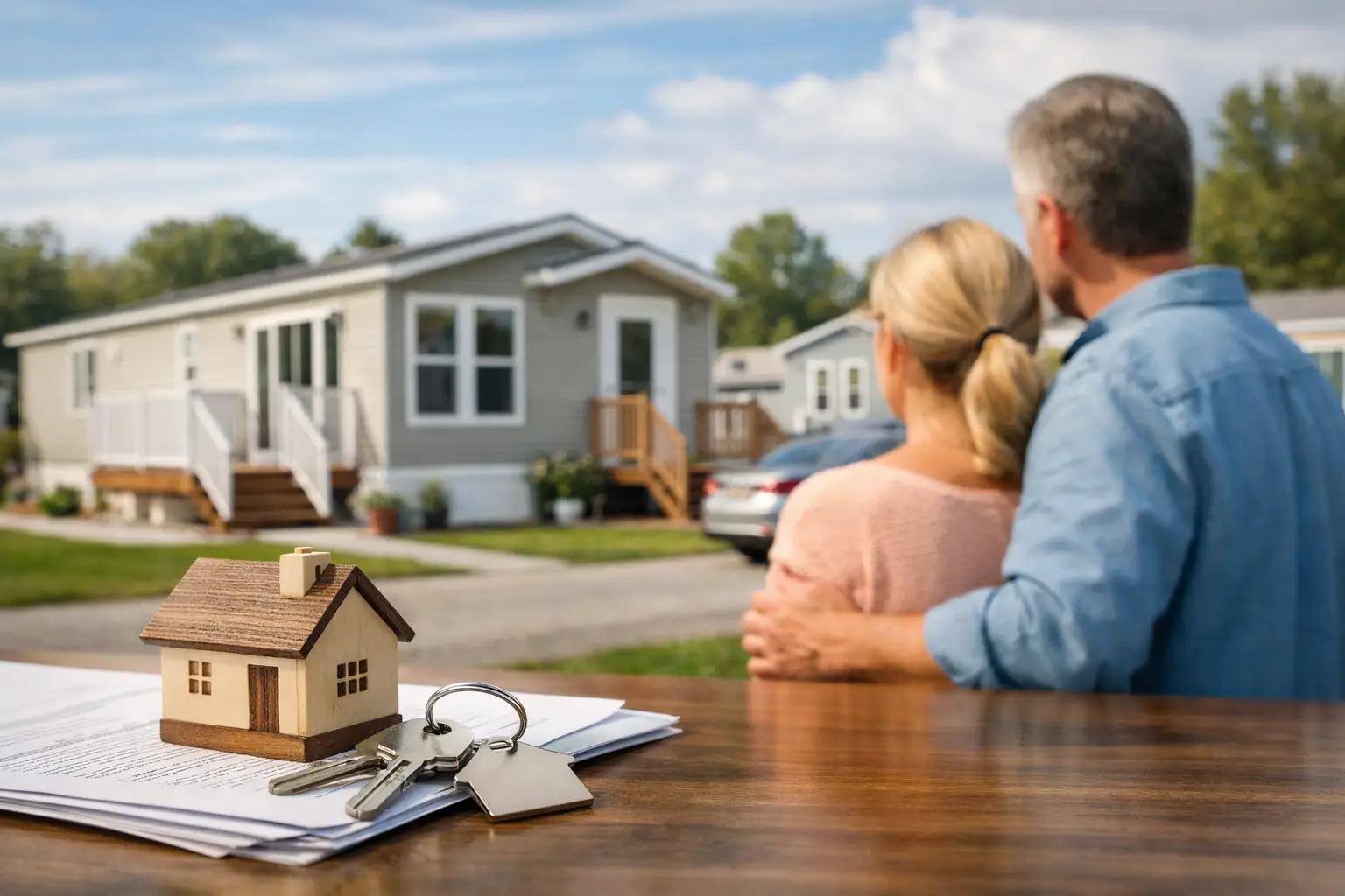 Mature couple reviewing house plans with miniature model home; manufactured housing park in background.