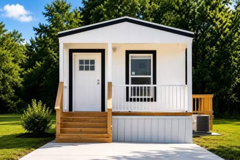 White single-wide mobile home with front porch steps under blue sky and green lawn.