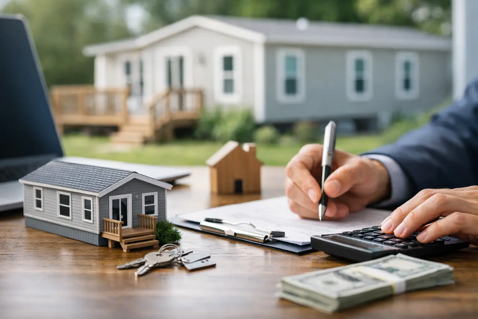 Hand signing a document next to small model houses and stacks of cash