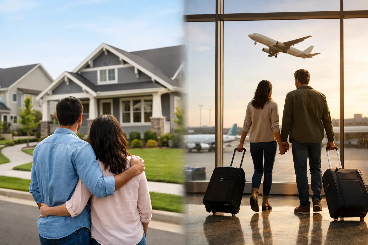 Family embracing outside suburban homes beside a couple with luggage watching an airplane at the airport.