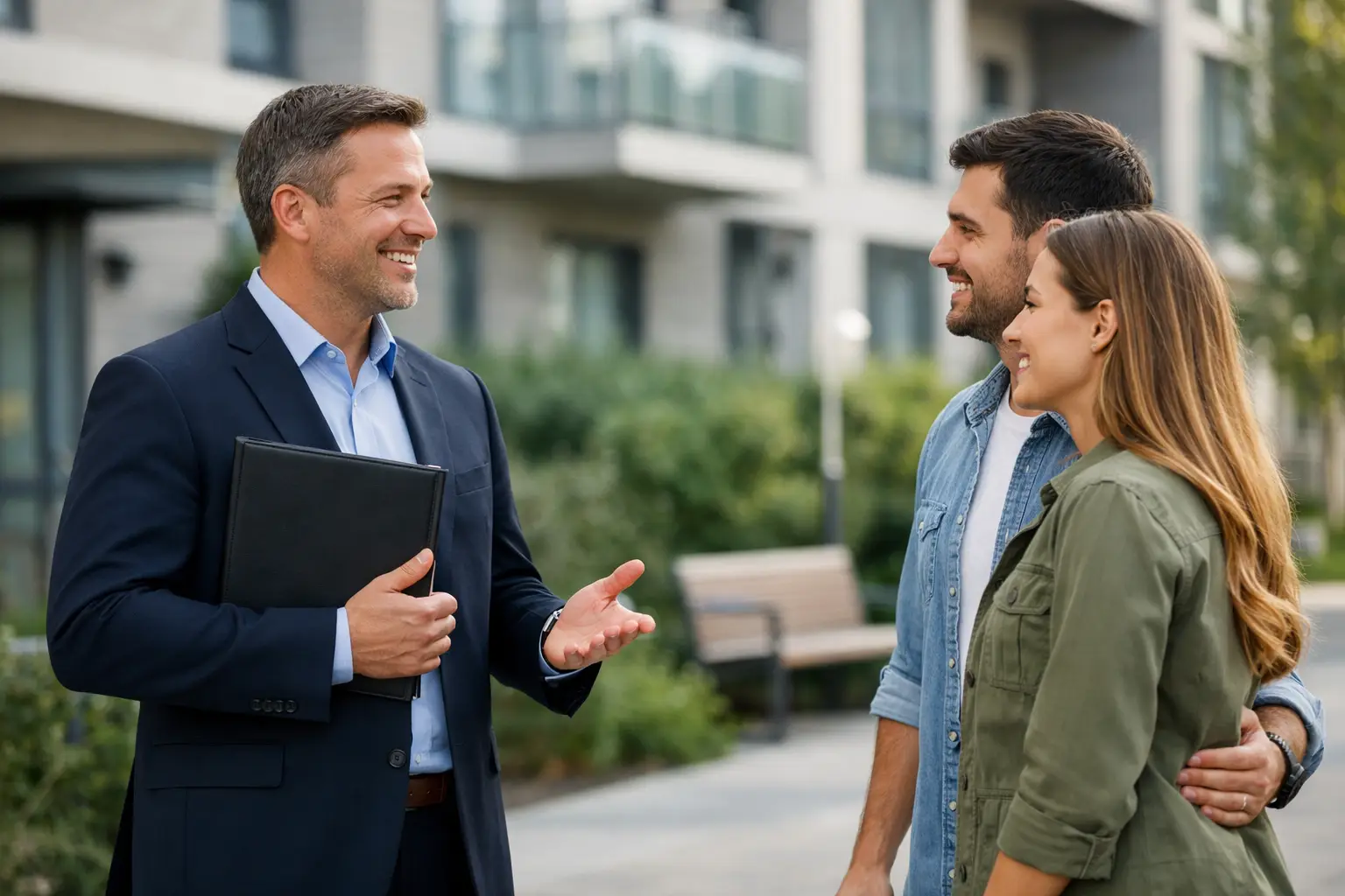 A suited man talks with a smiling young couple outside an apartment building while they embrace.