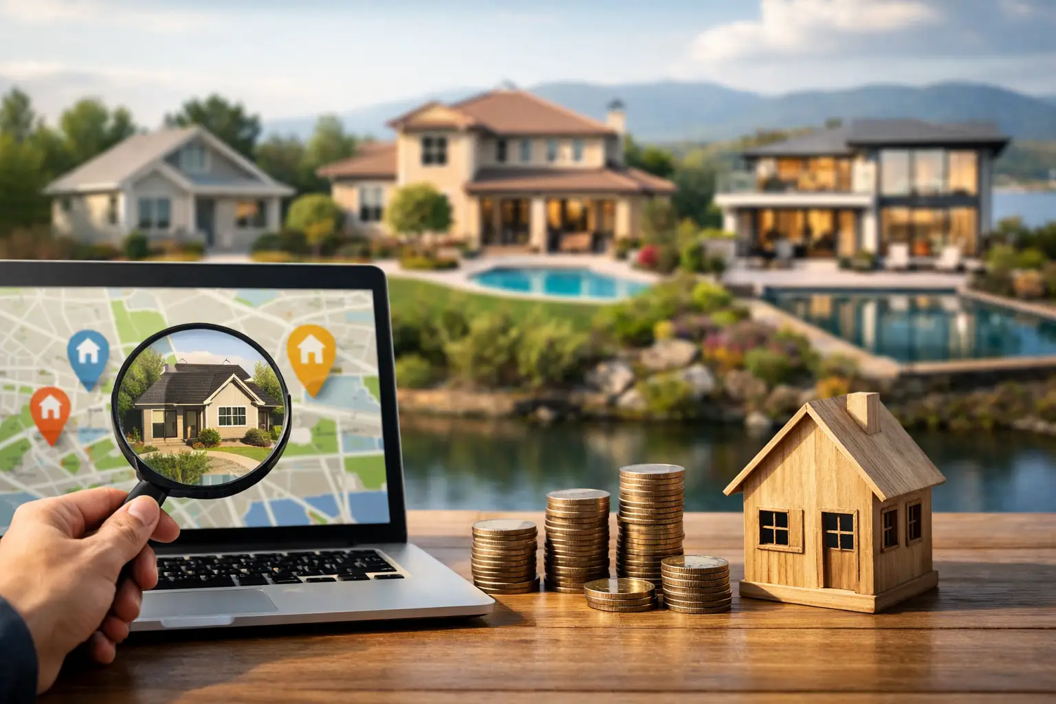 Laptop showing online housing search next to small model houses by the water.