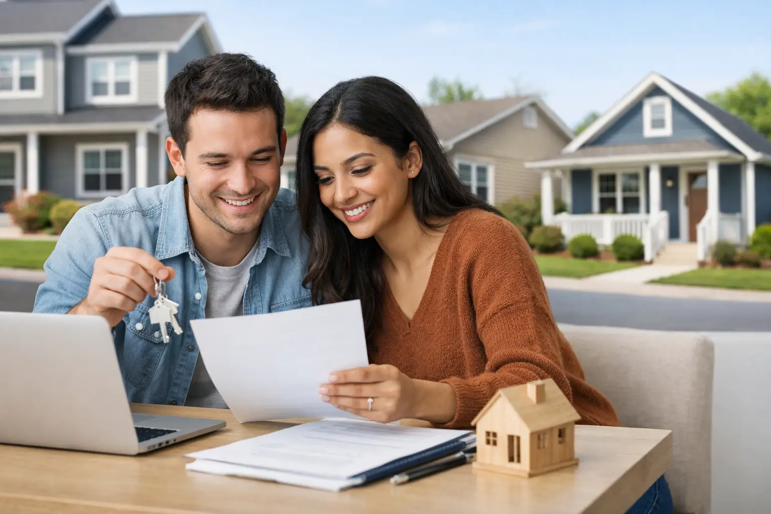 Couple reviews paperwork at table with laptop and toy house, homes behind them.