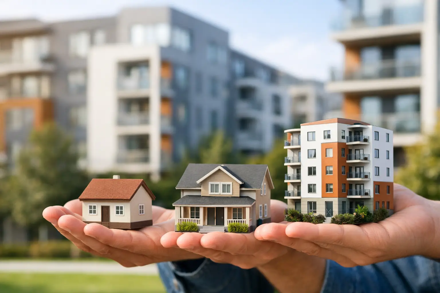 Hand holding miniature houses and a building model against blurred residential apartments backdrop.