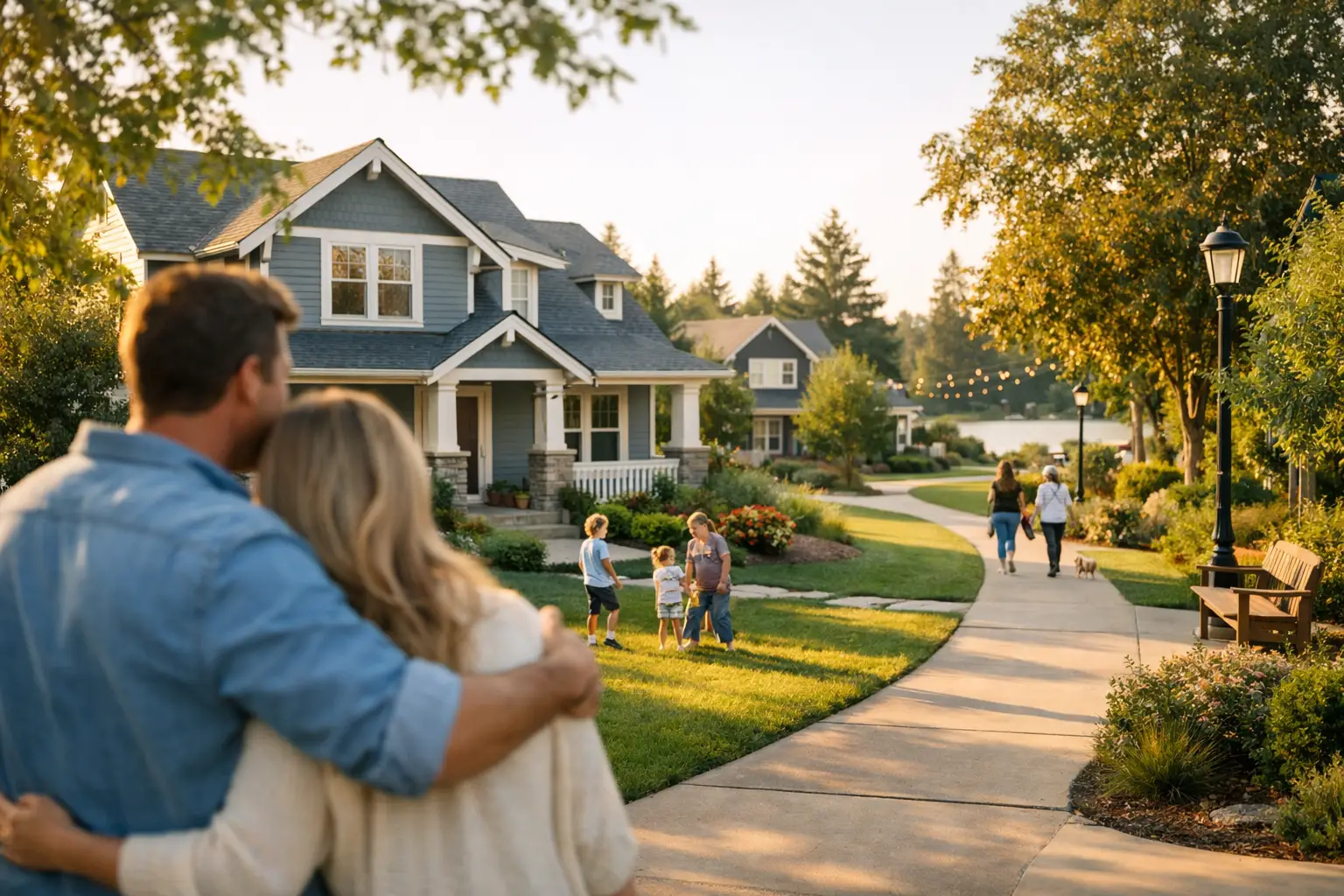 A couple embraces while overlooking a family walking past homes in a sunny suburban neighborhood.