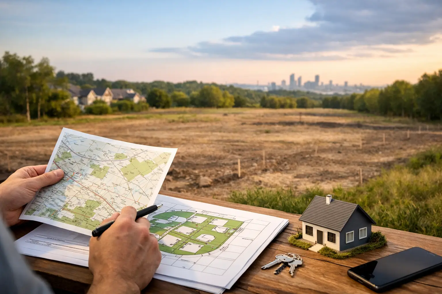 Hands review building plans over an empty green field, with the city skyline on the horizon.