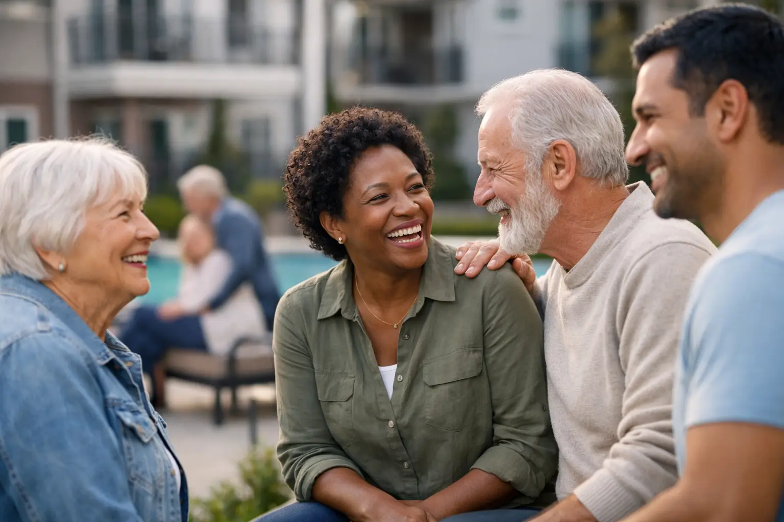 Group of four smiling seniors conversing outside near residential homes.