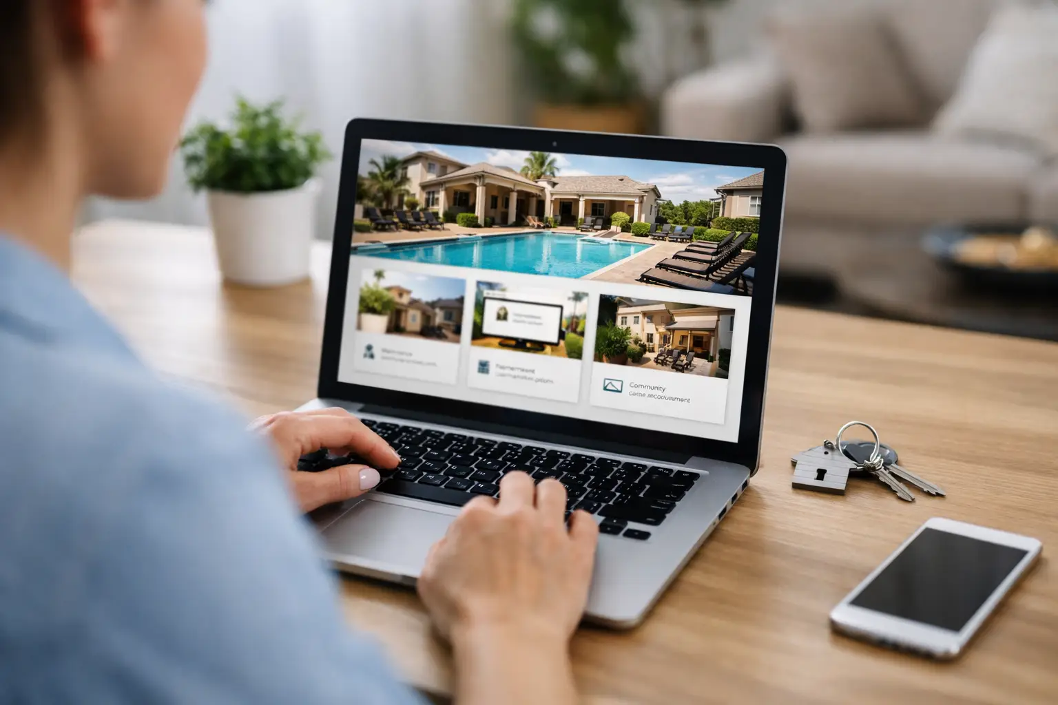 Woman browsing real estate listings on a laptop from home couch.