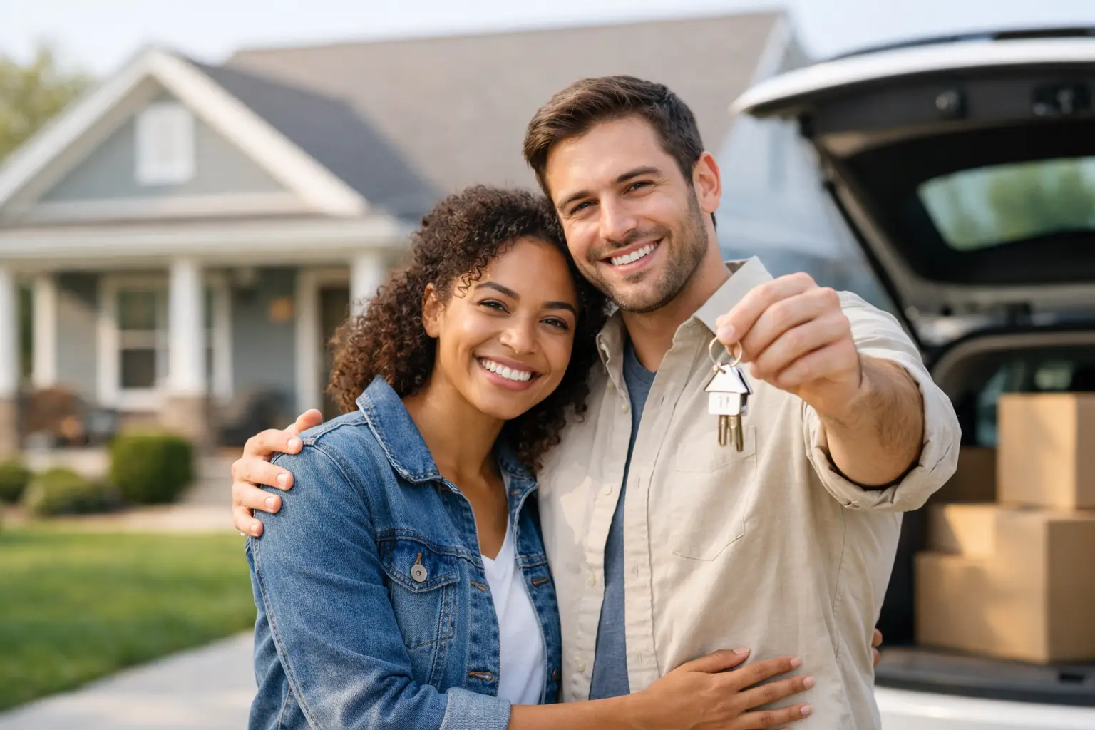Smiling couple outdoors; happy man holds up new house keys while embracing woman in front of their home.