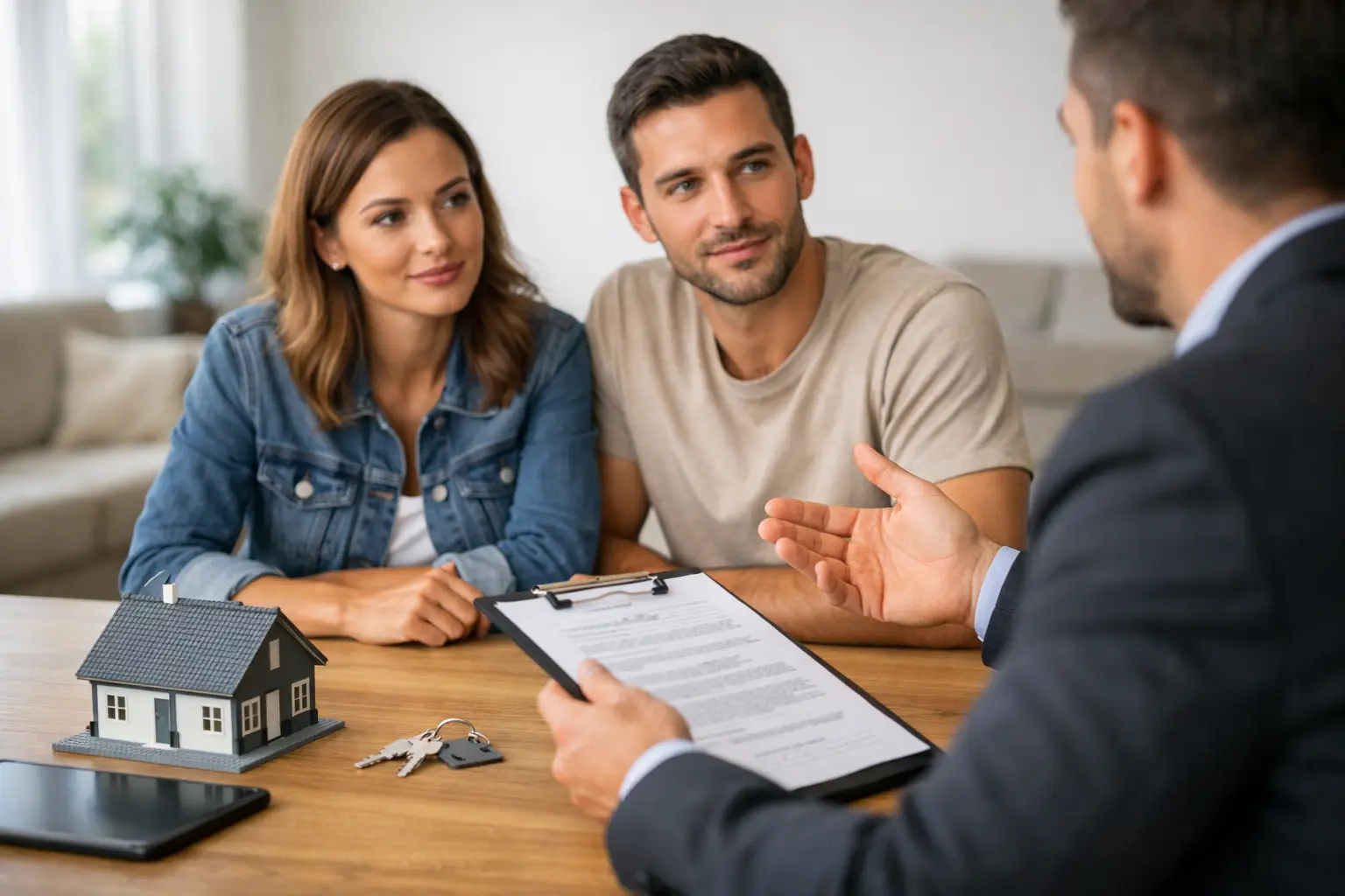 Smiling couple reviewing paperwork with an insurance agent at a desk, small model house nearby.