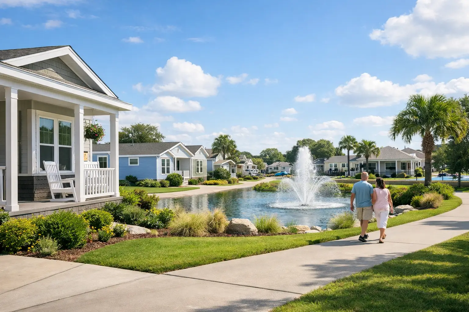 Houses line a scenic lake where a large fountain sprays water as two people stroll along the grassy bank.