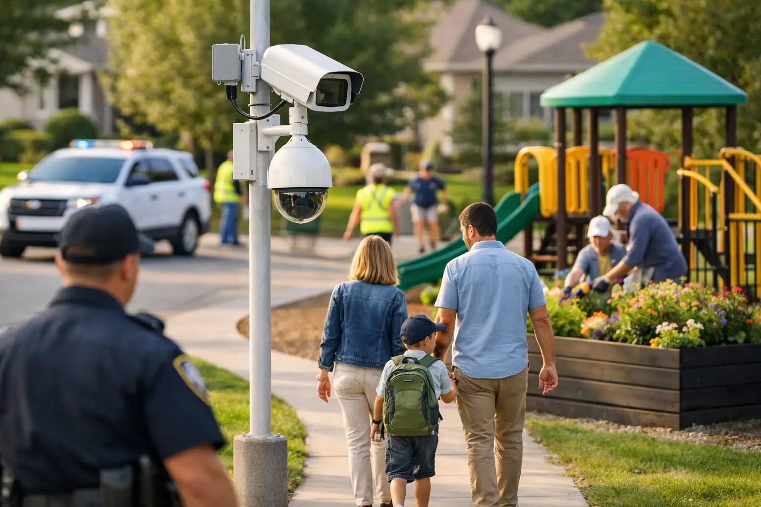 A family walks past surveillance cameras near a parked police car heading to a colorful community playground.