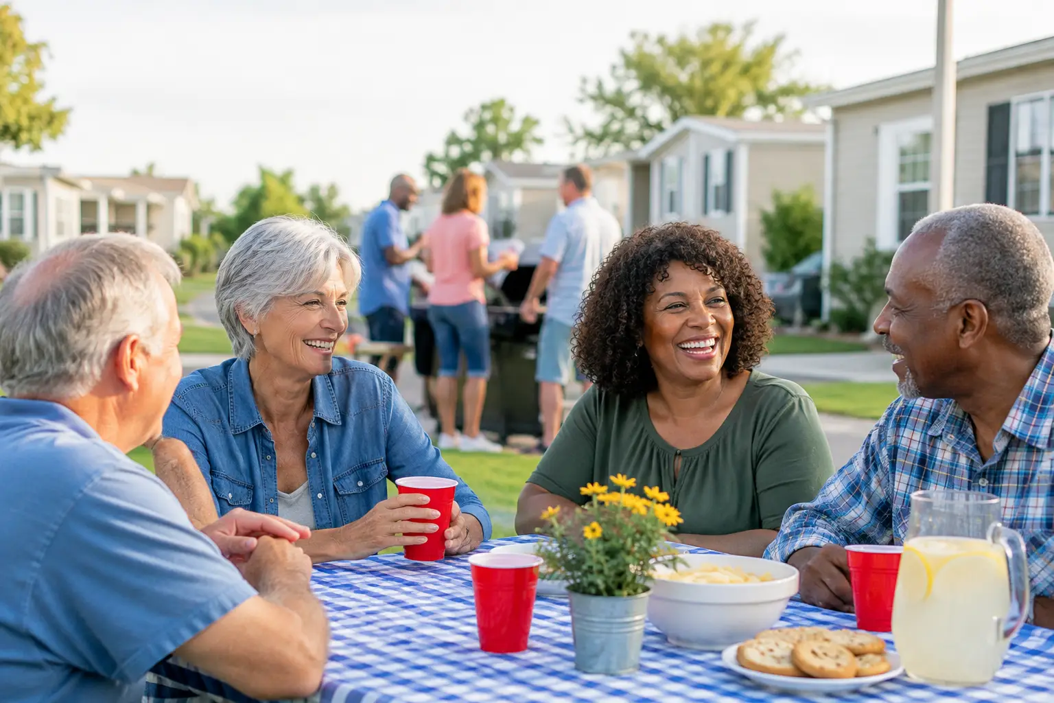 Diverse group gathered around an outdoor table with blue checkered cloth, yellow flowers, and red cups.