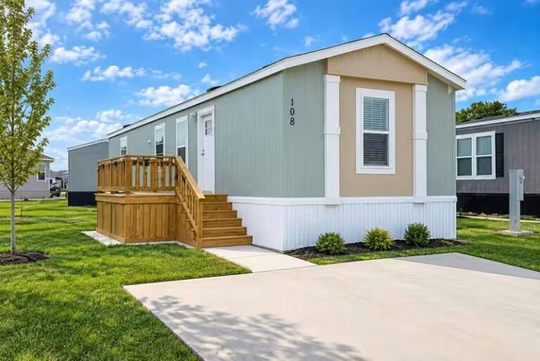 Beige manufactured home with small porch and wooden wheelchair ramp under bright blue sky