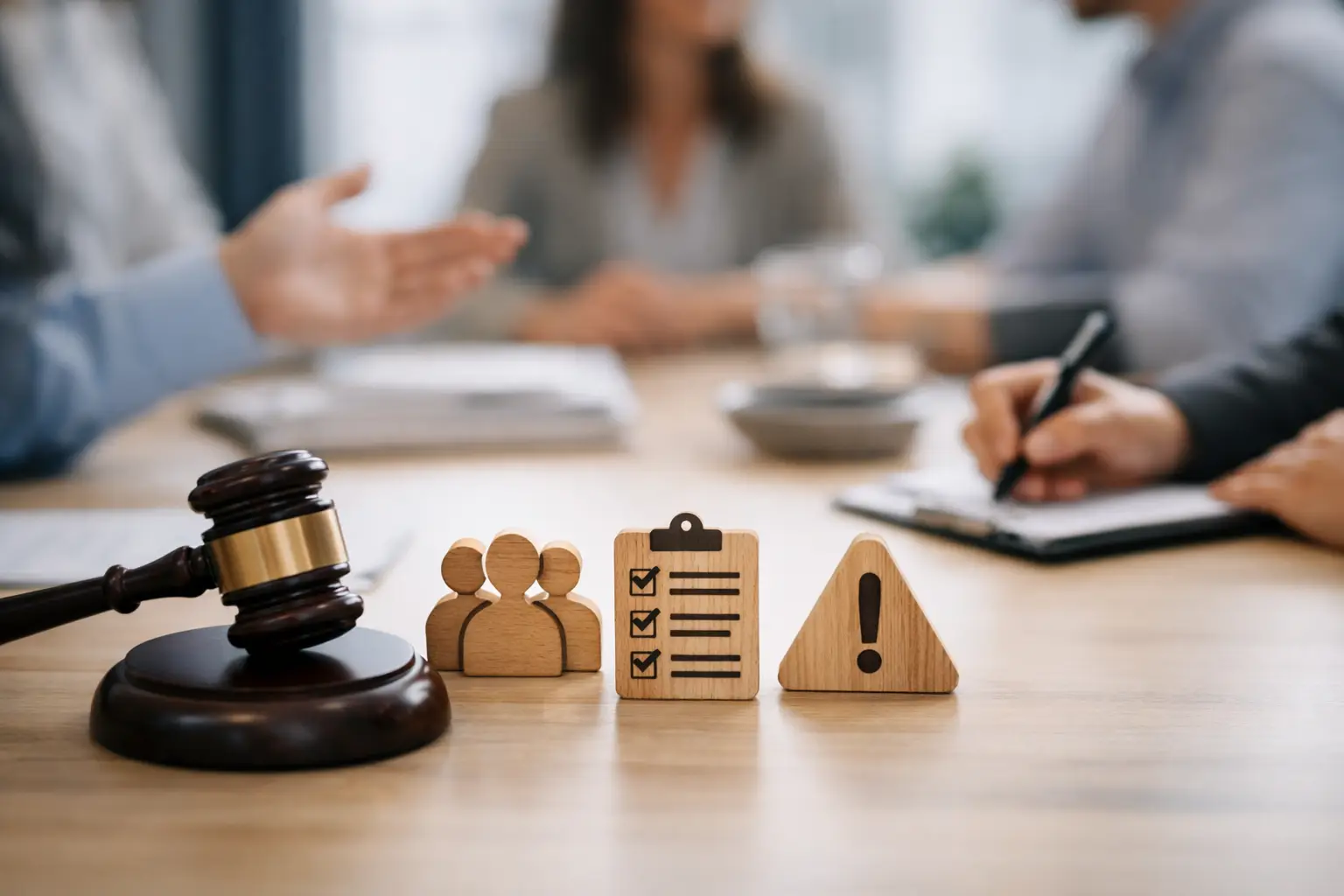 Judge's gavel next to wooden letter tiles on a desk while colleagues review paperwork in the background.