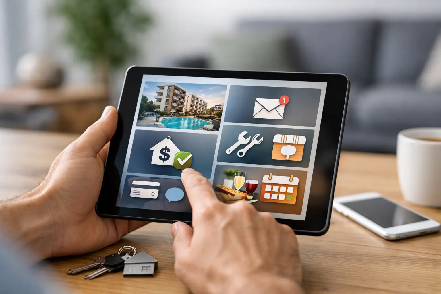 Hands holding a tablet displaying a colorful home maintenance app menu above a wooden desk