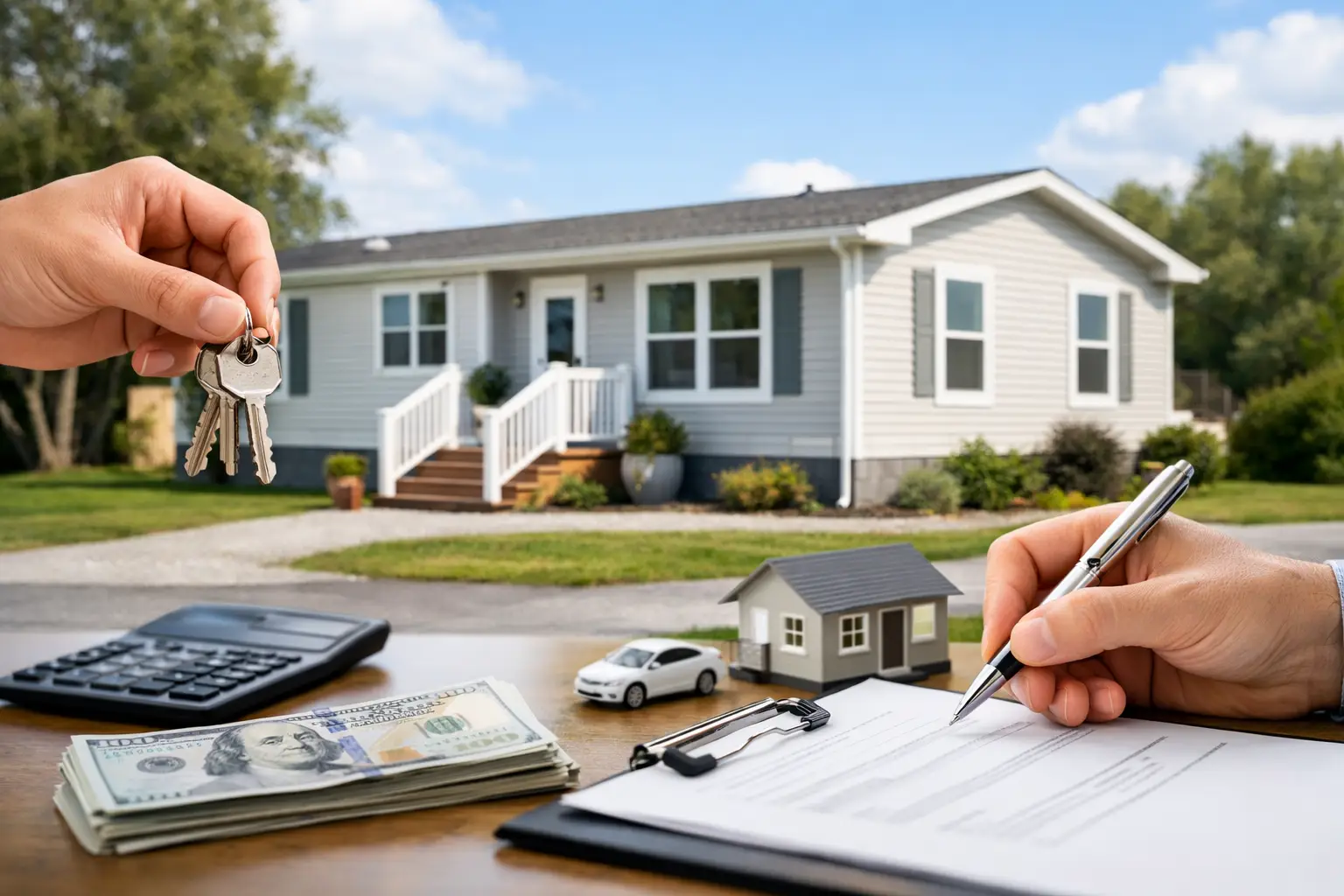 Hands exchange cash and sign documents at a desk; house visible in the background.