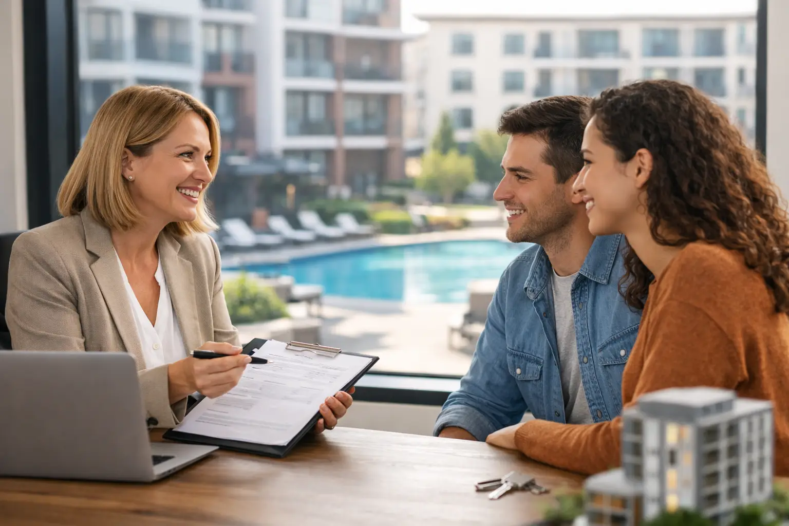 Real estate agent reviews paperwork with smiling young couple at a table overlooking a pool.