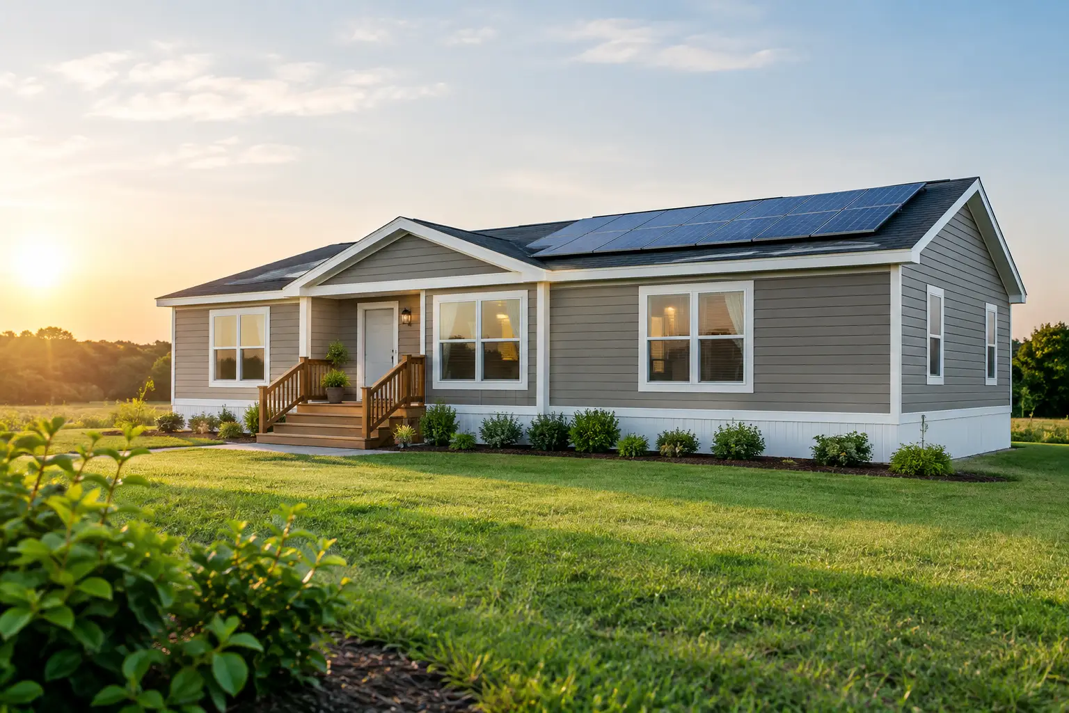 Modern manufactured home with rooftop solar panels on green lawn under sunny sky.