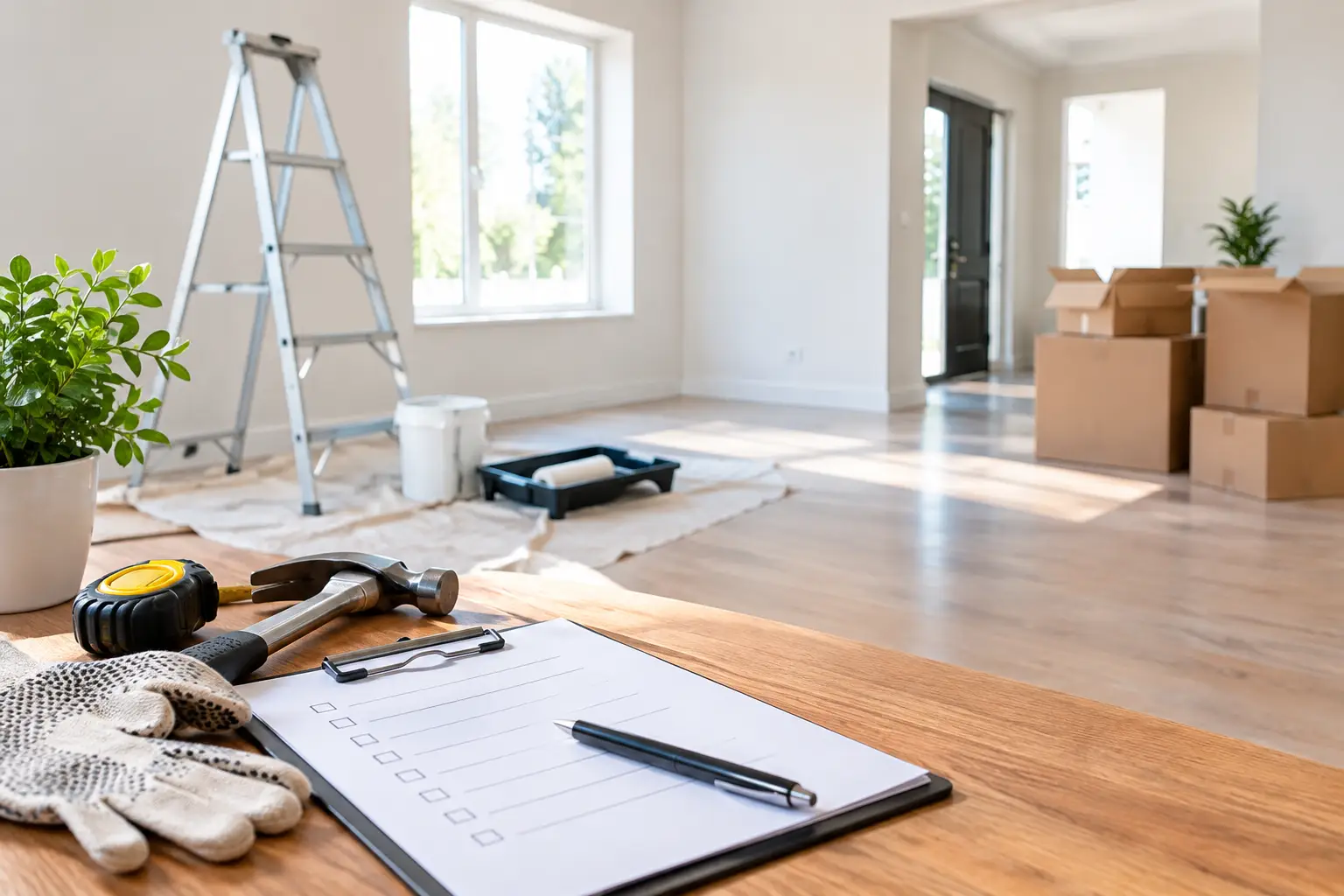 Clipboard with pen and renovation tools on hardwood floor in an empty room with ladder and moving boxes